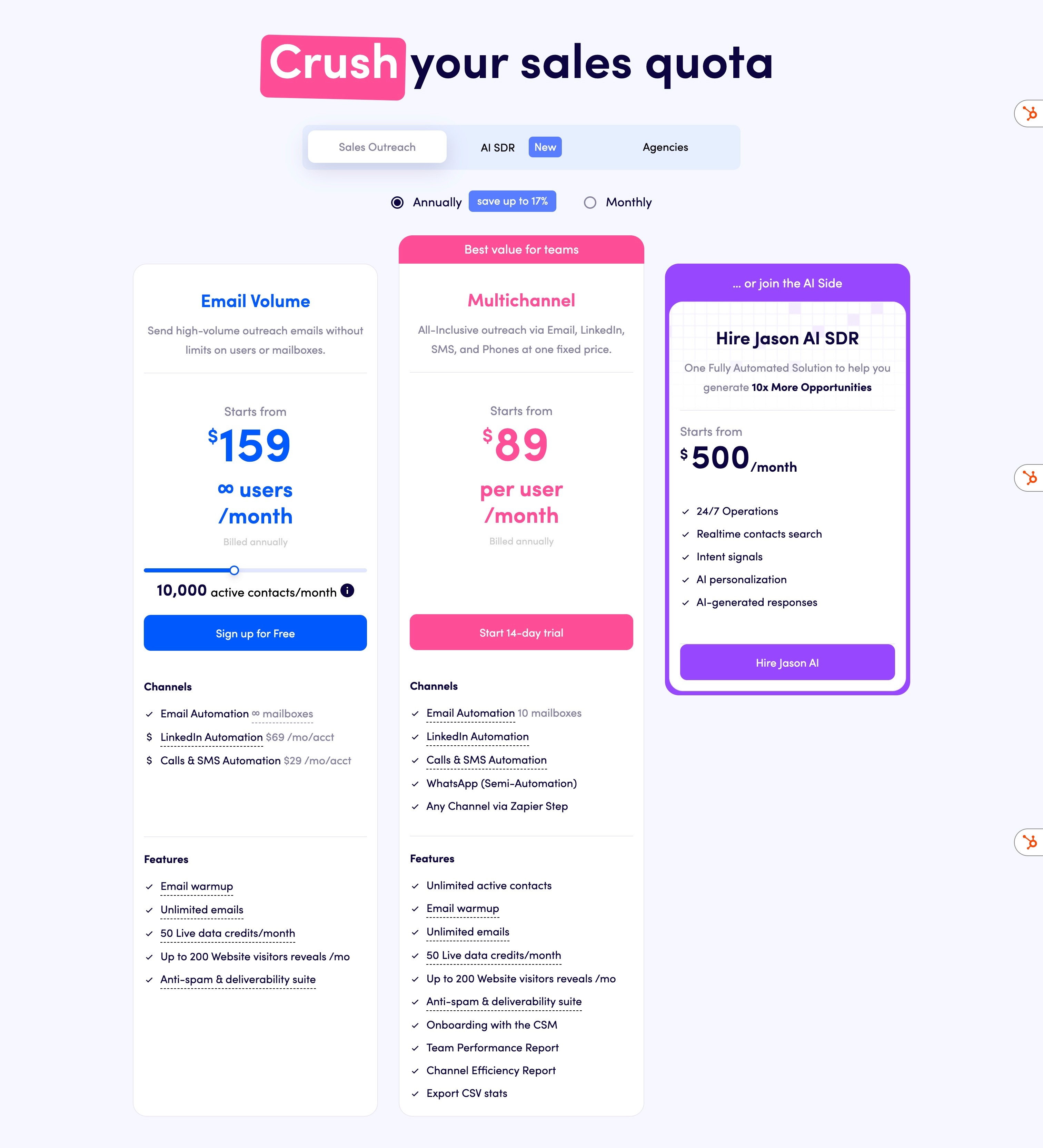 Reply.io, the pricing page with the active contact slider set to a mid-range volume, showing how the per-user price moves