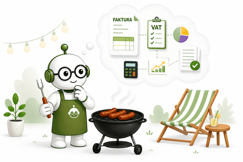 Robot przy grillu myśli o rozliczeniach VAT i fakturach