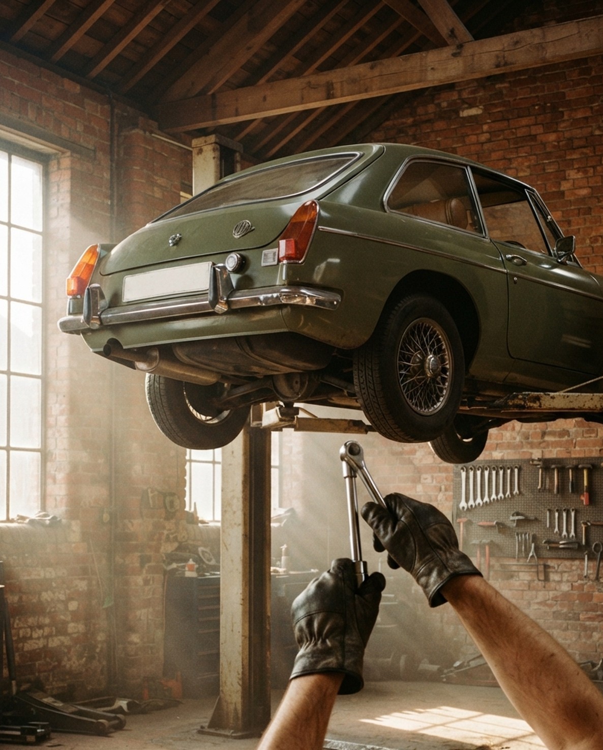 A classic car on the lift in the workshop