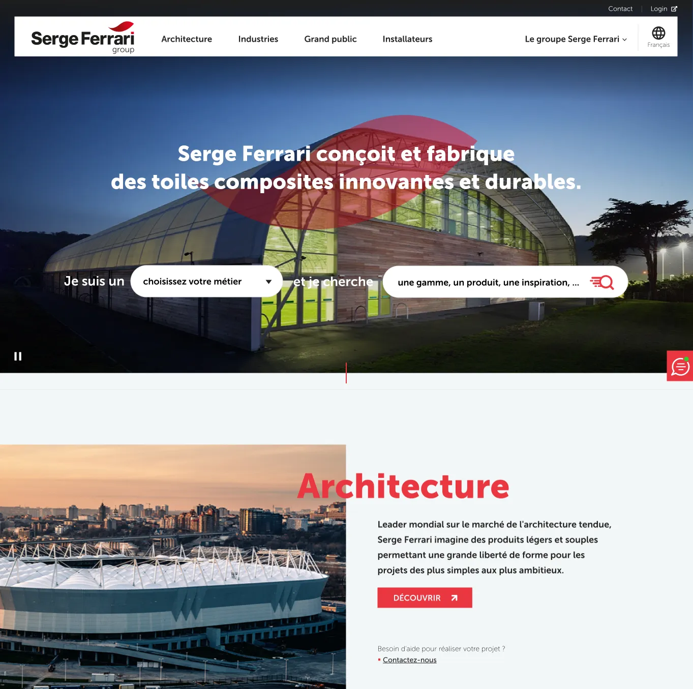 Interface de navigation par secteurs d'activité (Architecture, Marine, Industrie) pour une expérience utilisateur segmentée