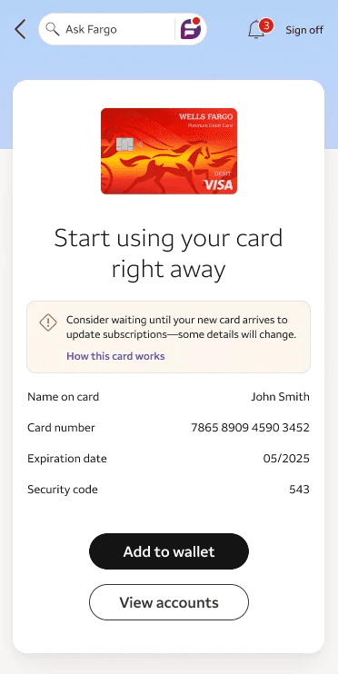 Digital debit card display showing card credentials