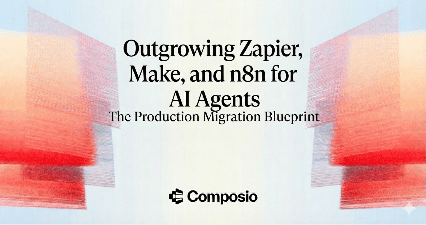 Hero image for the Composio blog post titled "Outgrowing Zapier, Make, and n8n for AI Agents: The Production Migration Blueprint," featuring abstract red and orange textured graphics on a light blue background with the Composio logo.