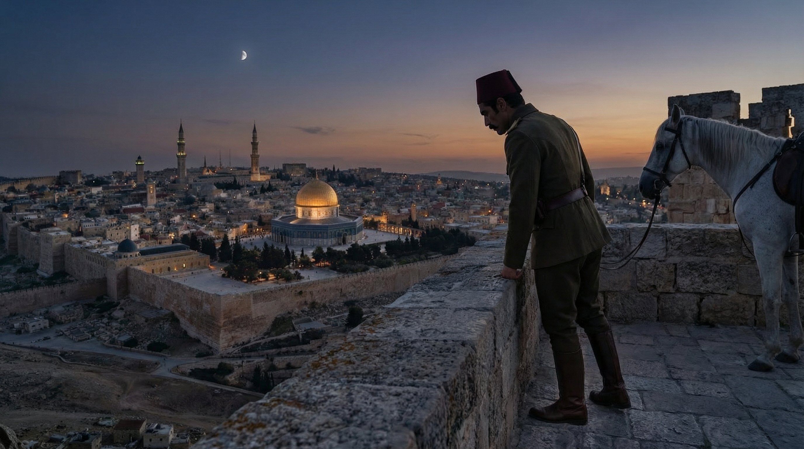 An officer of the occupying army at a stone parapet above the old city at dusk, his white horse waiting at the rein