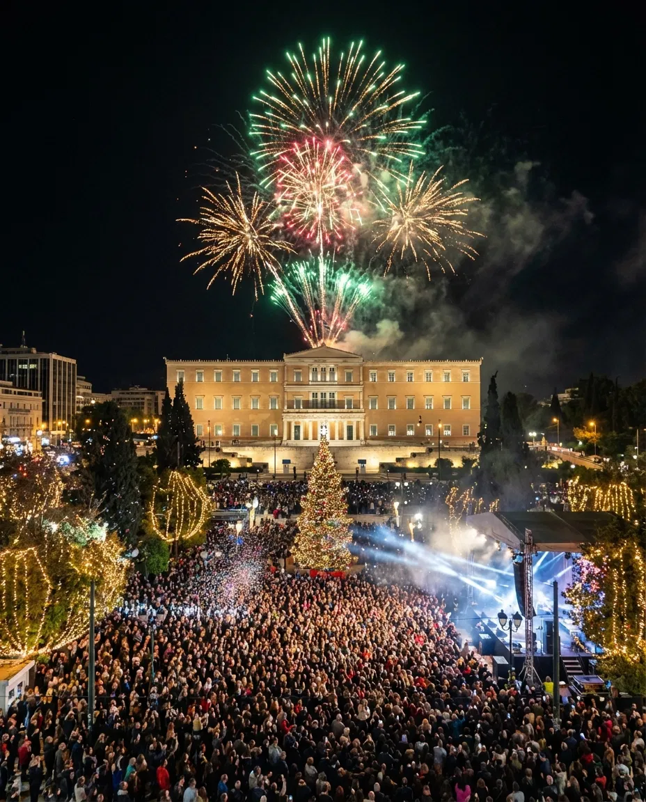 Syntagma Square in Athens during New Year’s Eve celebrations with festive lights.