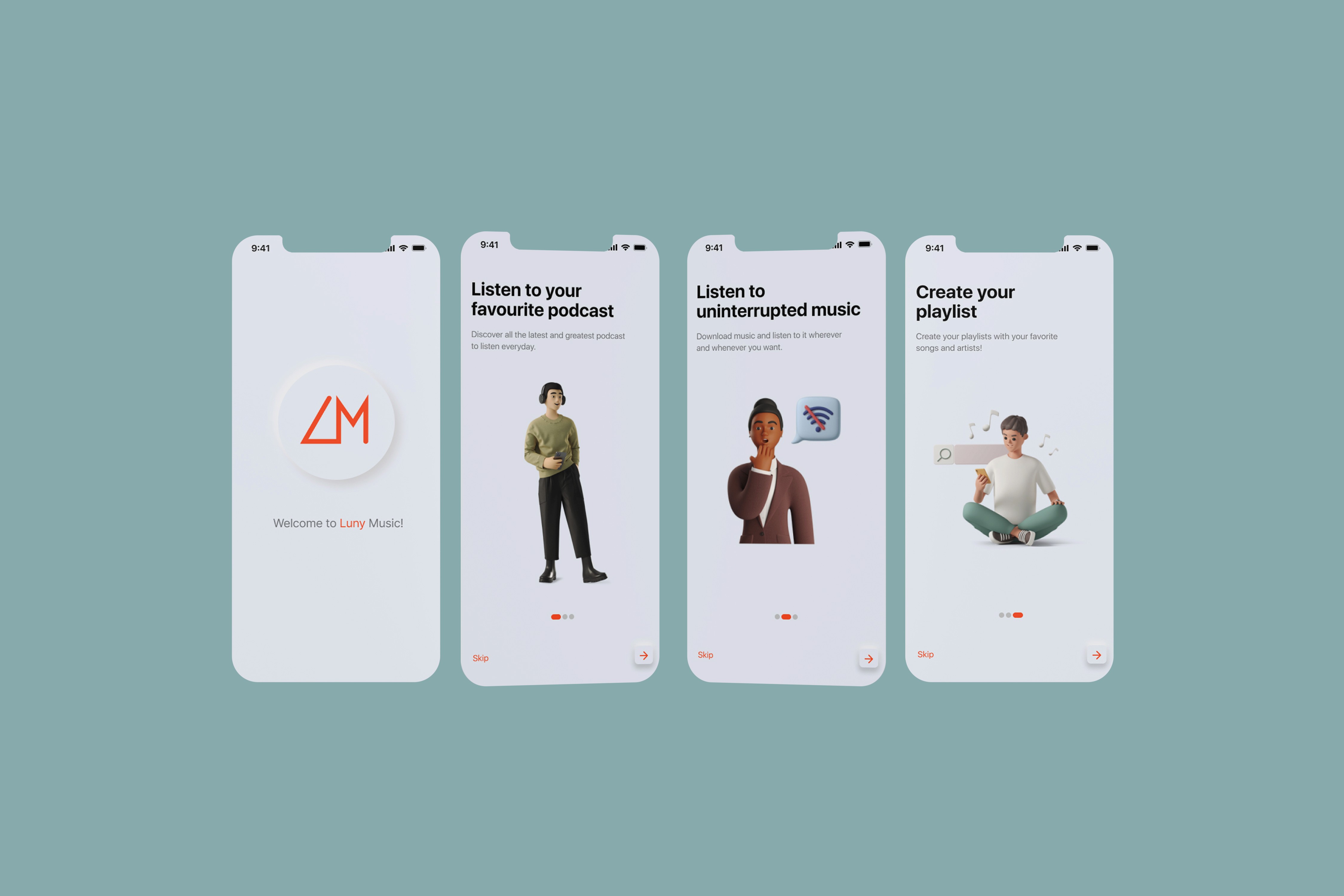 Onboarding screen UI mockup for Luny, guiding users through a smooth registration process.