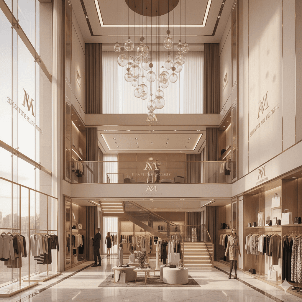 Interior view of modern retail shops with double-height ceilings at M3M Capital Walk