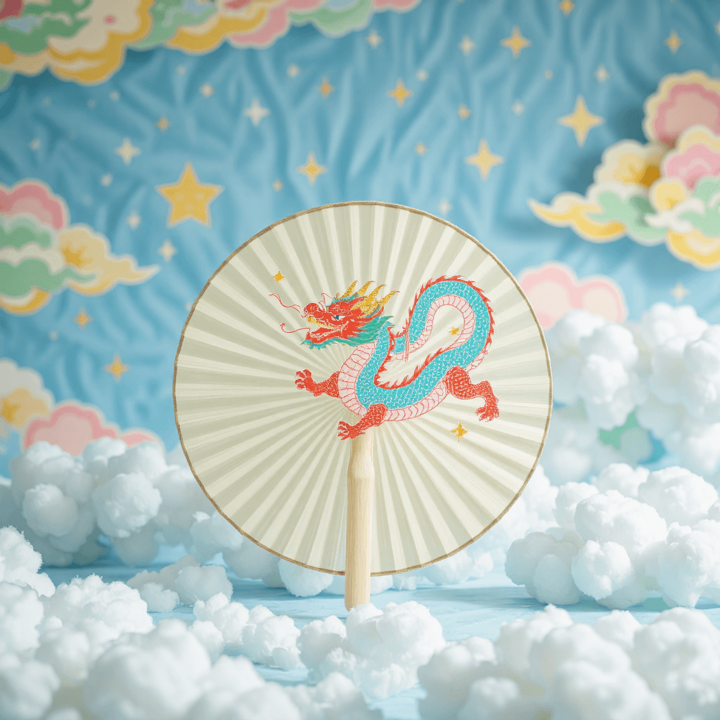 product photography of a round fan with a cute dragon design, used for cooling