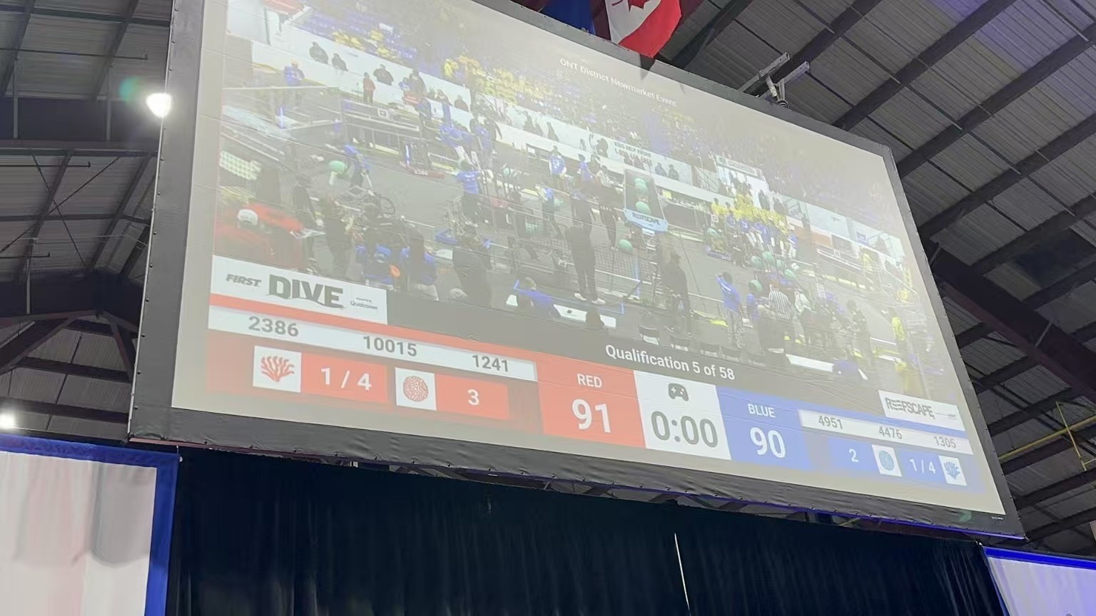 FRC Team 10015 Bubbles wins its first official FRC qualification match with a one-point victory during the Ontario District Newmarket Event.