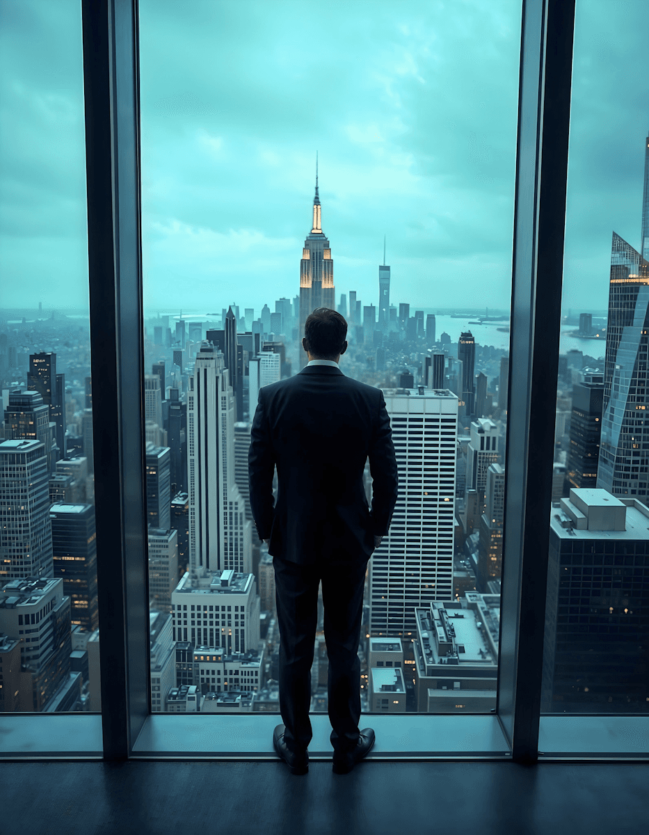 Back view of a man in a suit looking out a floor-to-ceiling window at the New York City skyline.