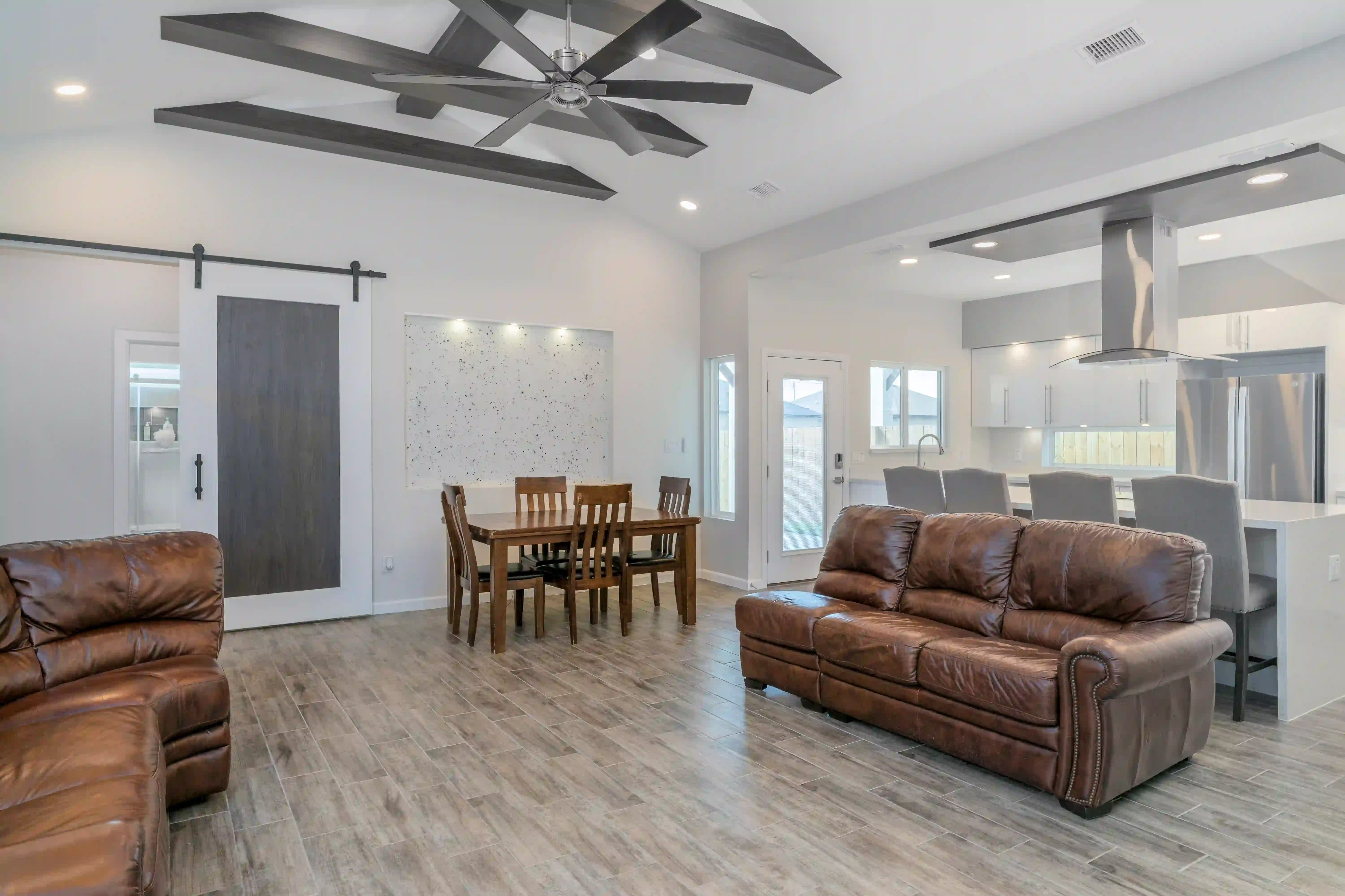 A picture of a house during twilight.