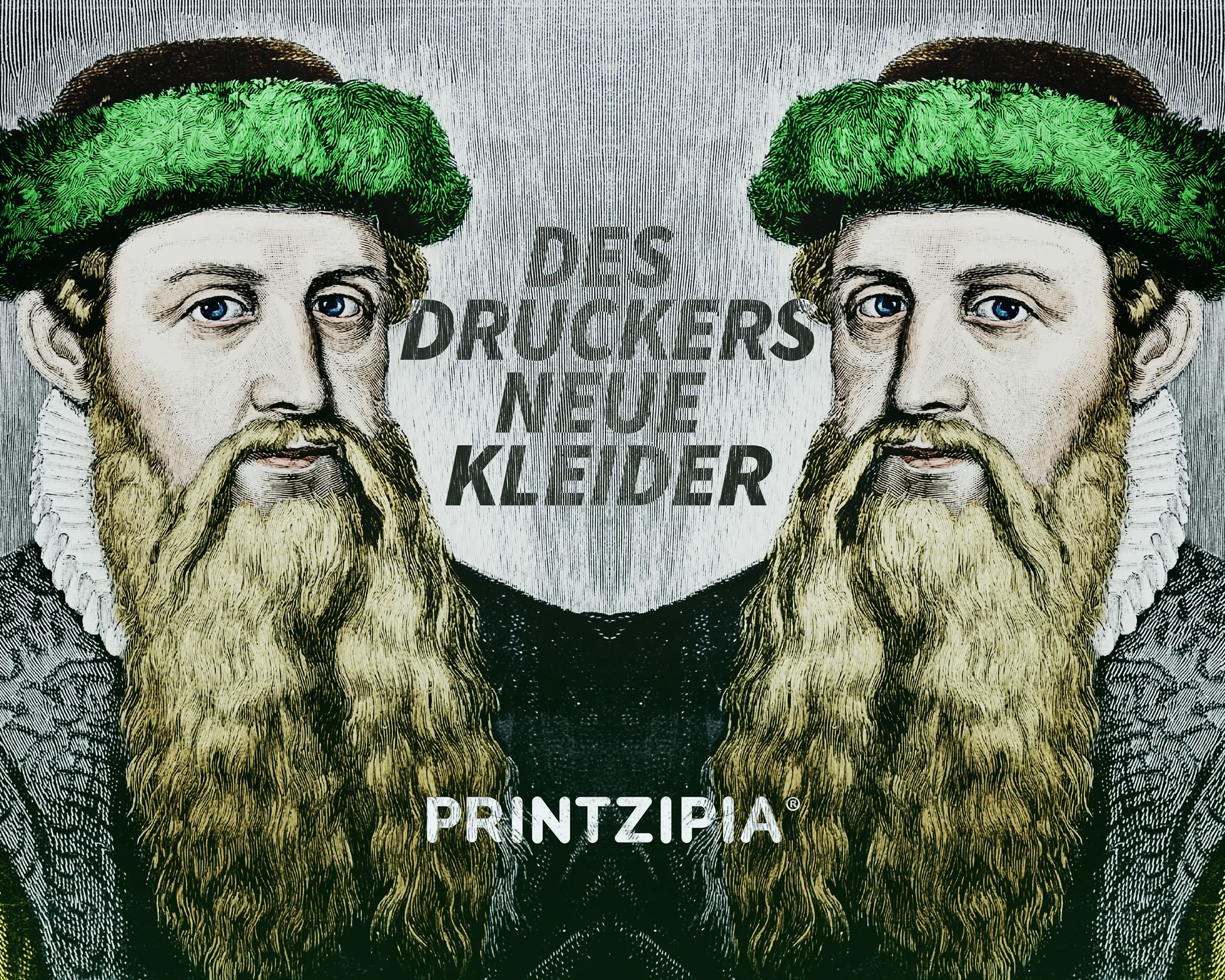 Gutenberg-Motiv mit Claim „Des Druckers neue Kleider“ und Printzipia-Branding