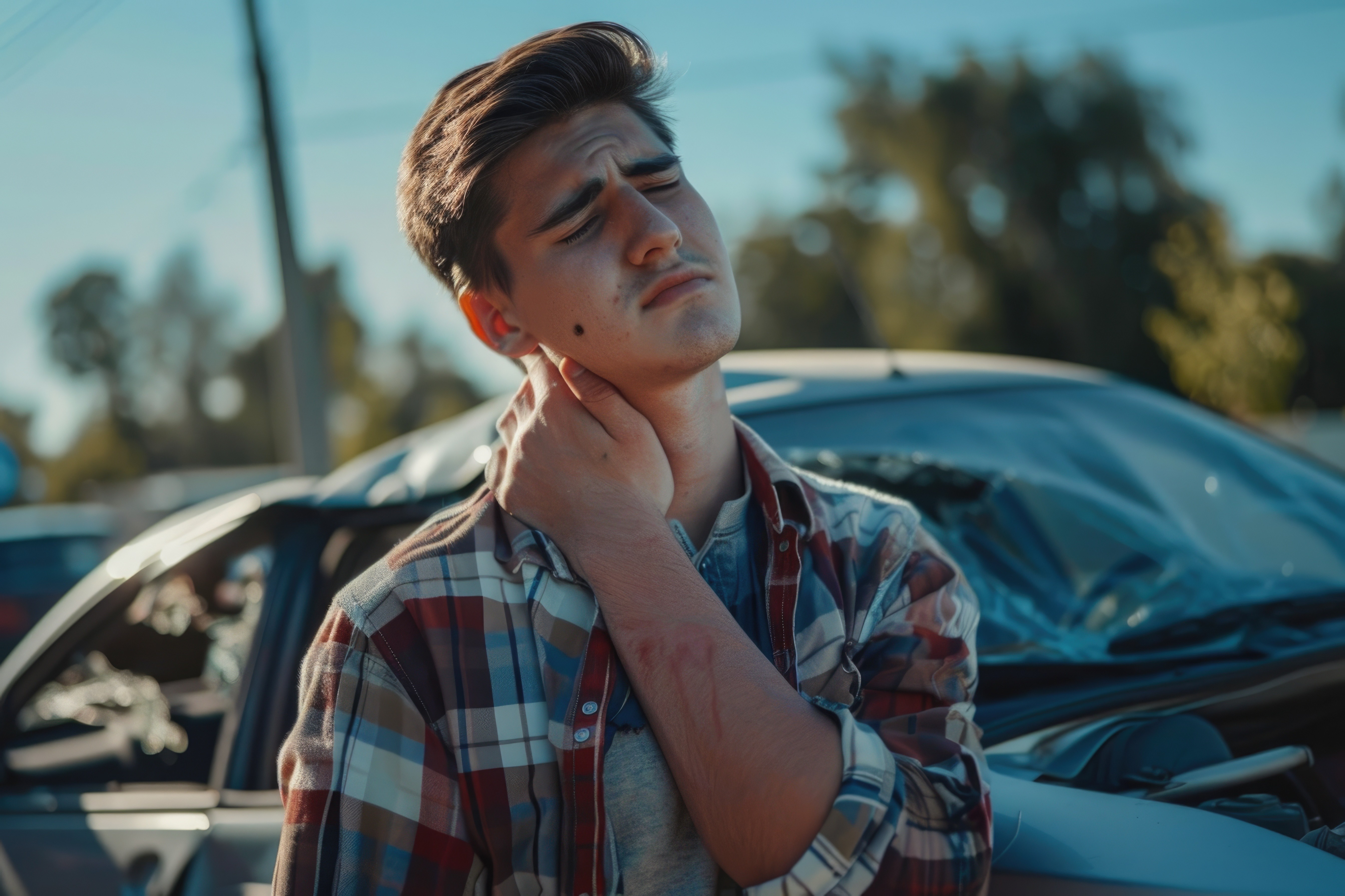 teen male holding neck in pain after suffering whiplash in car accident