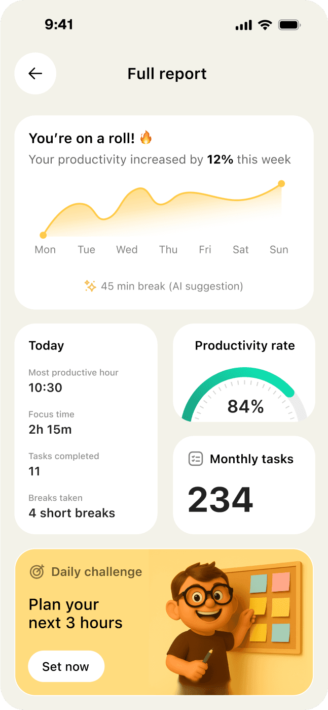 UX UI design for AI mobile KPI reporting app with detailed performance metrics and mascot illustration