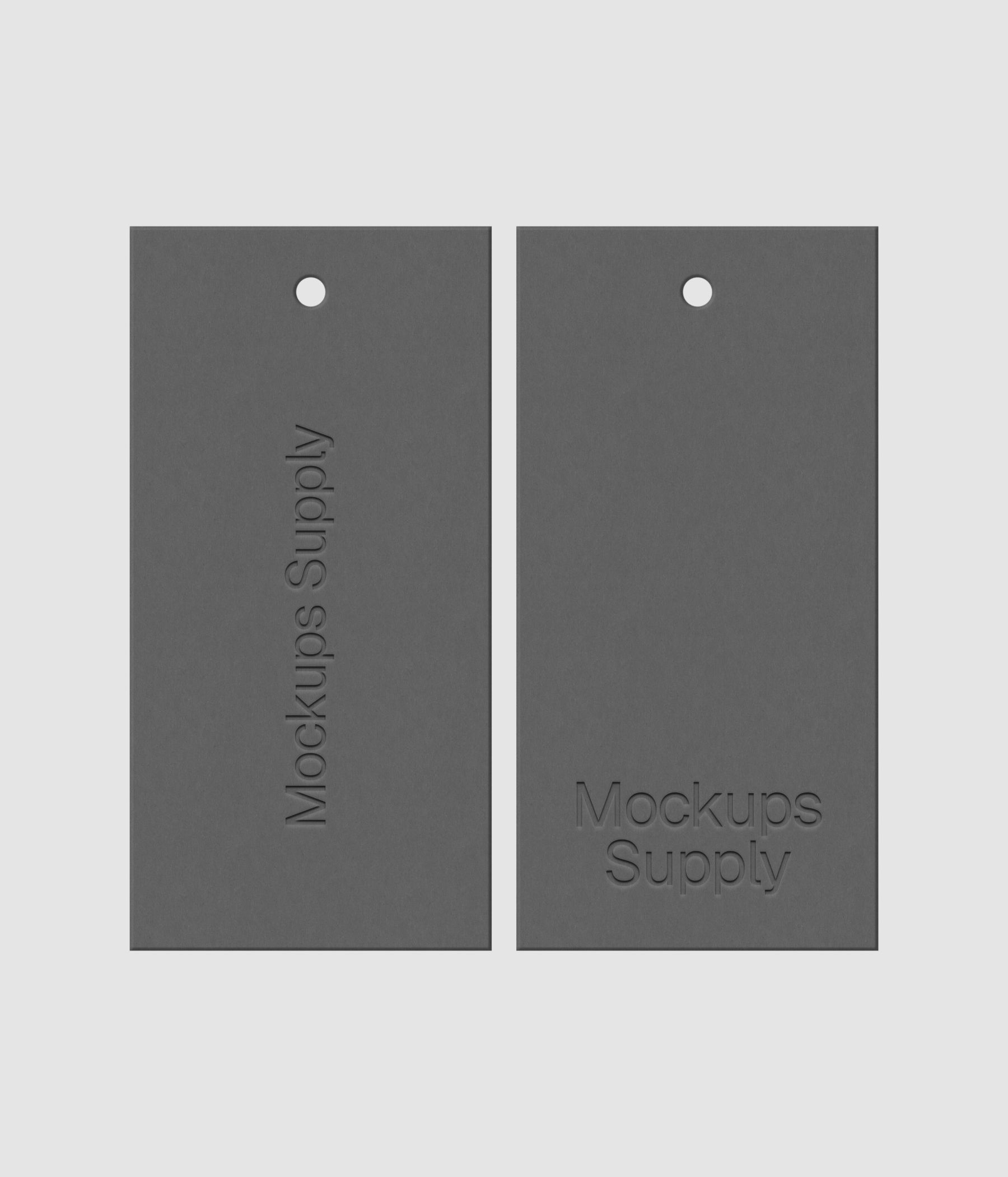 Gray hang tag mockup with realistic debossed logo effect on white background for Photoshop download psd