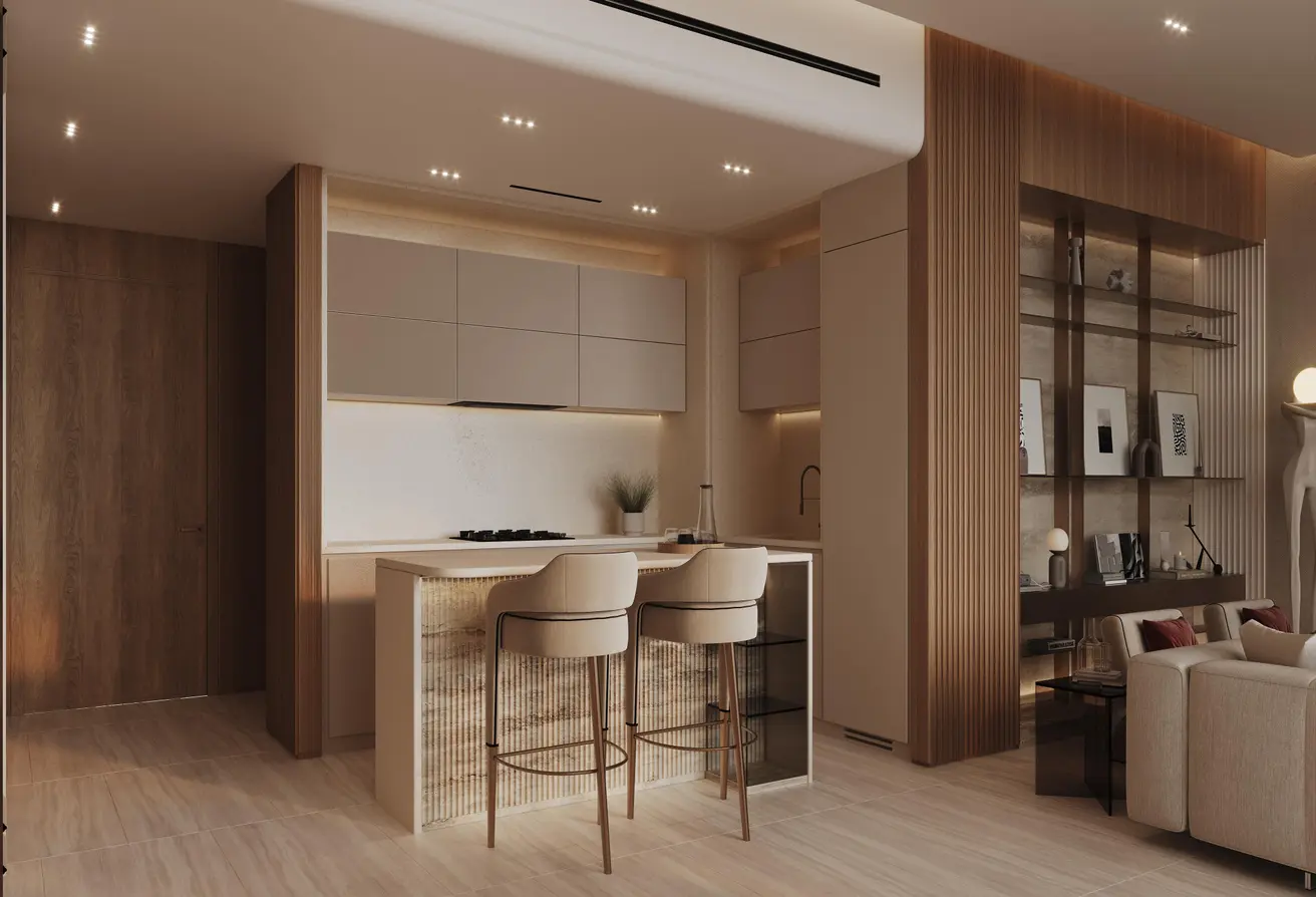 Sleek kitchen and dining space with minimal design in a Binghatti Amberhall apartment in Dubai