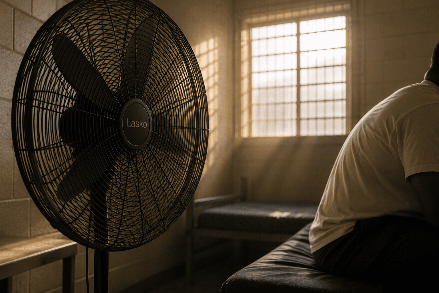 Approved documentary image of an institutional fan near a seated figure in warm window light