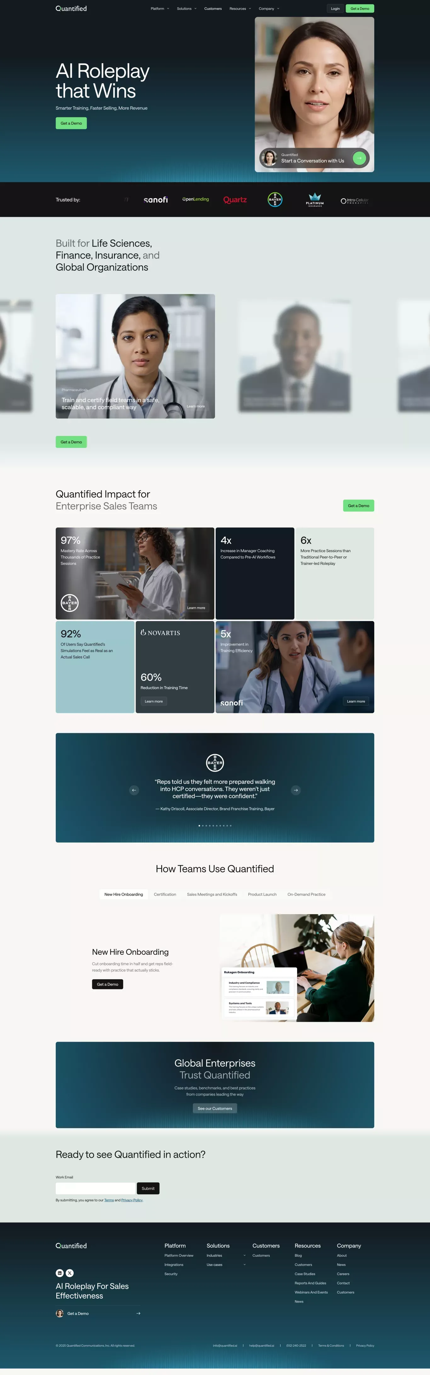 Quantified landing page screenshot showcasing AI and Tech design