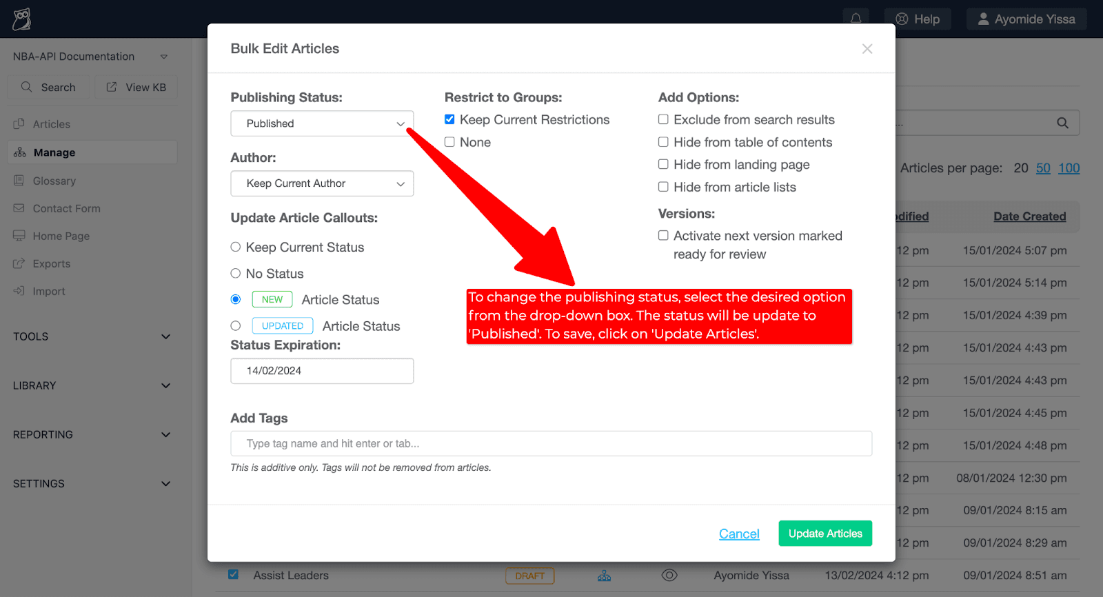Screenshot 3 of 4 that shows aspects of KnowledgeOwl’s “Manage Articles” page.