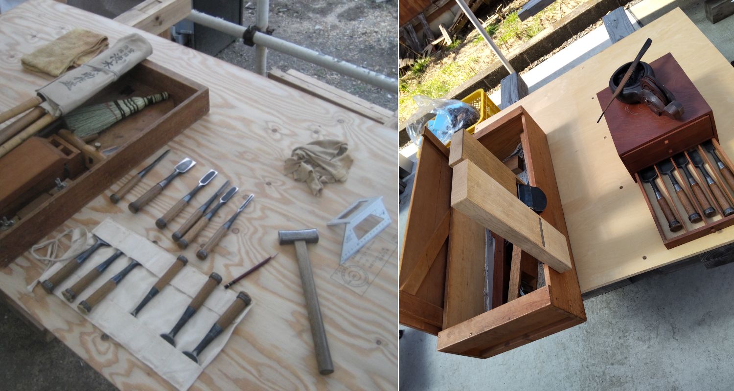 田中さん愛用の道具と自作の道具箱。道具箱は機能性にも優れていて、鉋を縁に引っ掛けて立て、すぐに手に取れるようになっている。長い間大切に使われている様子が伝わってくる味のある色合い。