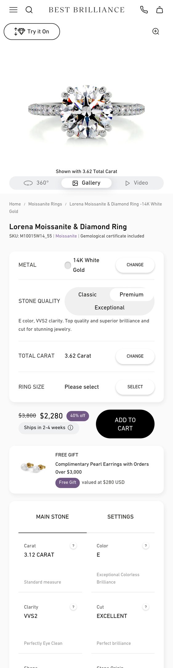 Jewelry product options include: ring for Lorena Moissanite & Diamond Ring -14K White Gold from Best Brilliance.