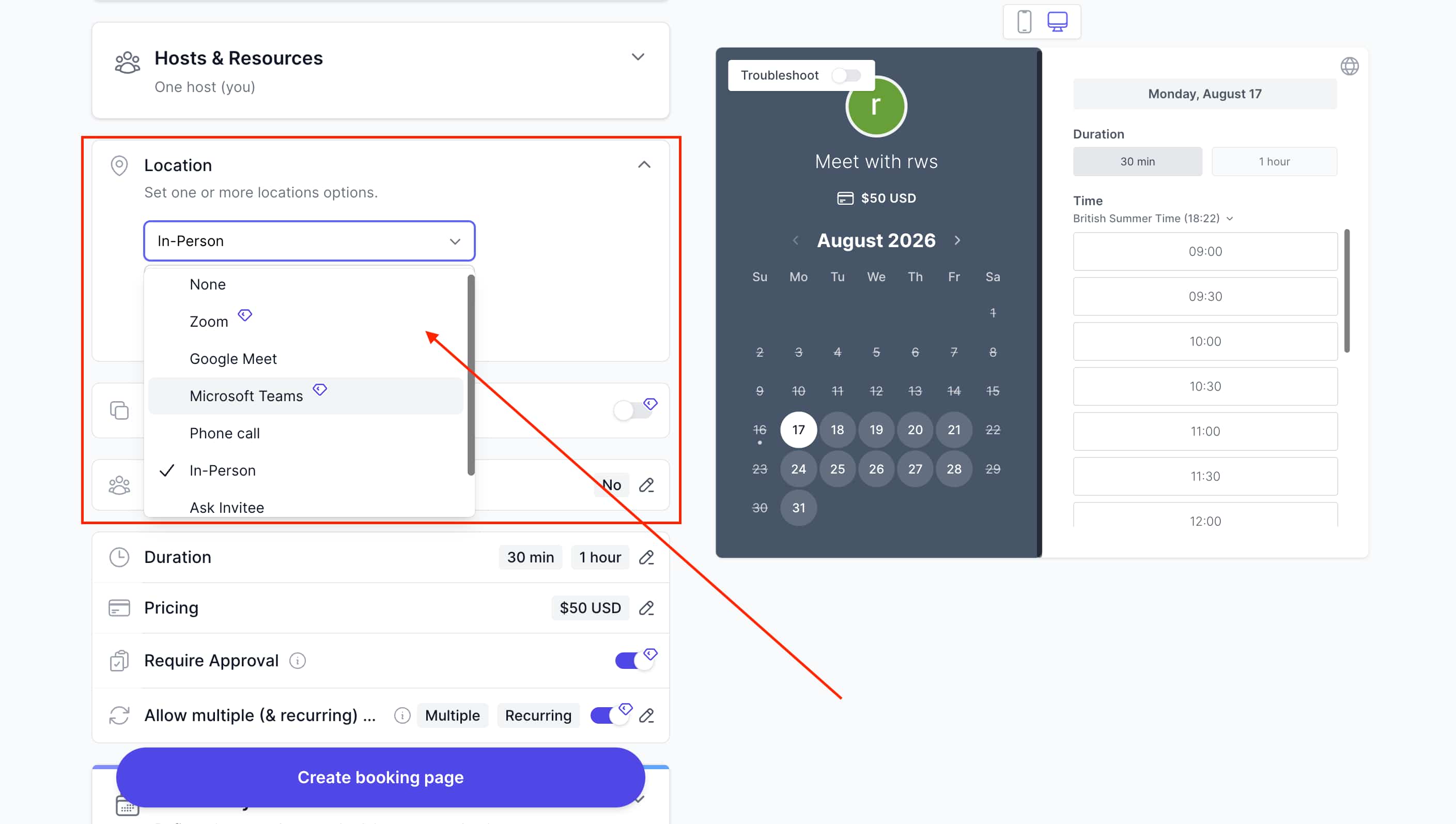 koalendar meeting location settings page