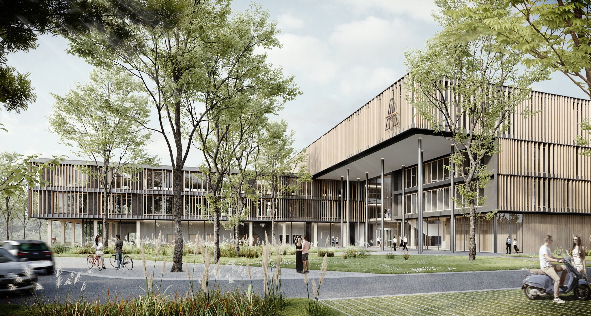 Architektonische Visualisierung eines modernen, zweigeschossigen Gebäudekomplexes mit Holzlamellenfassade, großen Glasflächen und begrüntem Außenbereich, entworfen von kba Architekten und Ingenieure GmbH; Menschen bewegen sich zu Fuß, mit Fahrrad und Roller durch die parkähnliche Umgebung