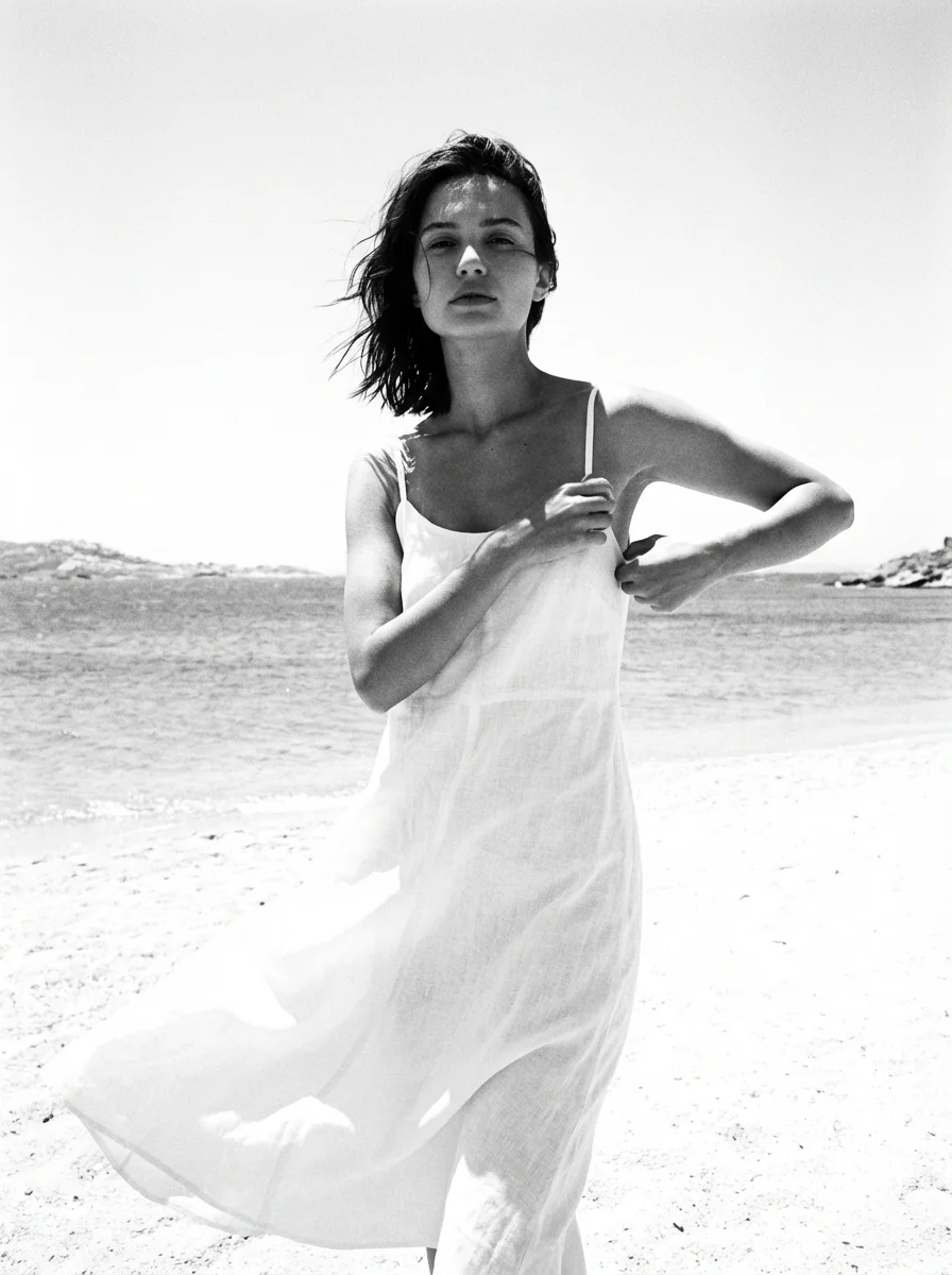 Fashion photoshoot with a woman posing in a dress