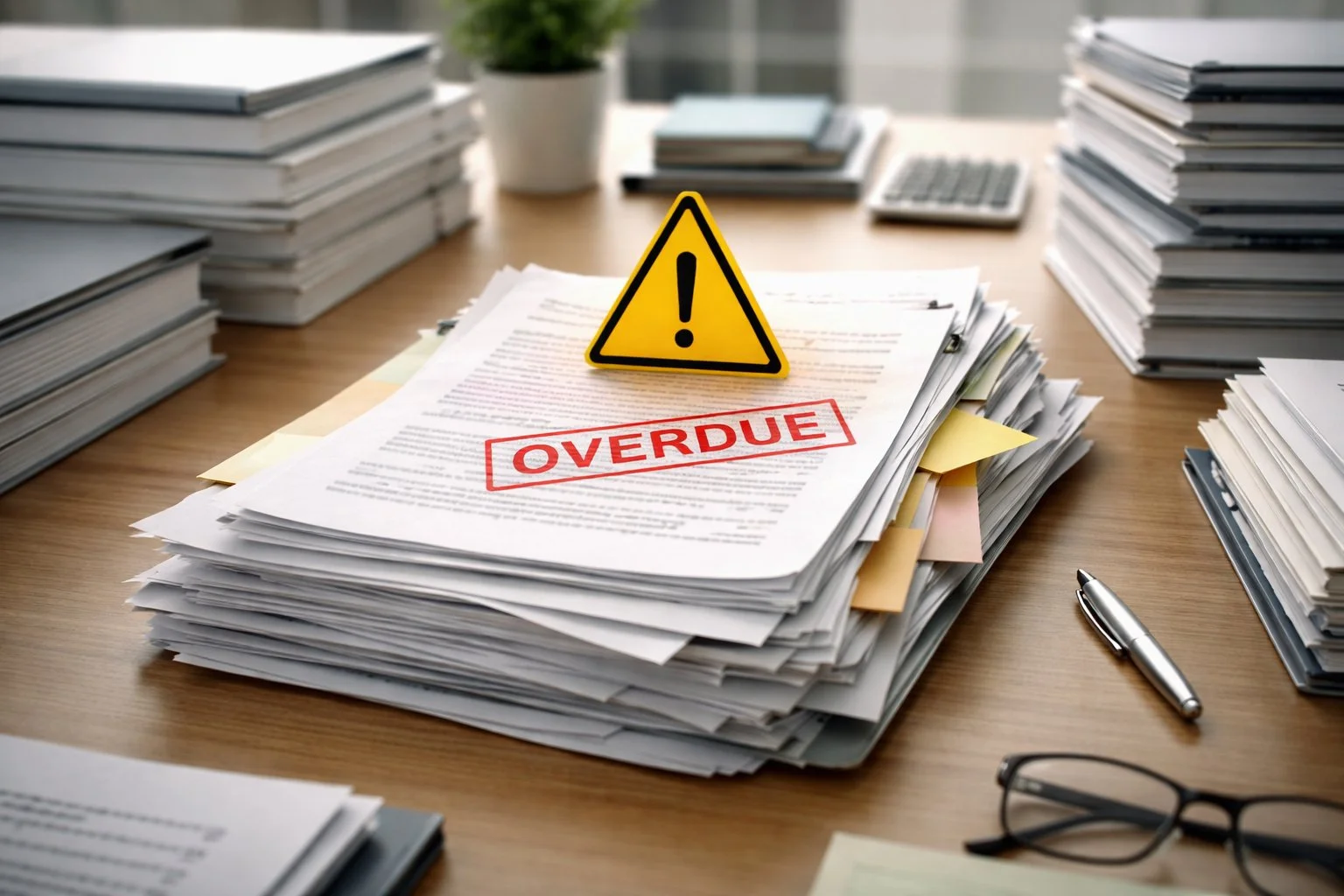 Warning-style visual of a small stack of overlooked paperwork sitting slightly out of place among neatly organized documents.