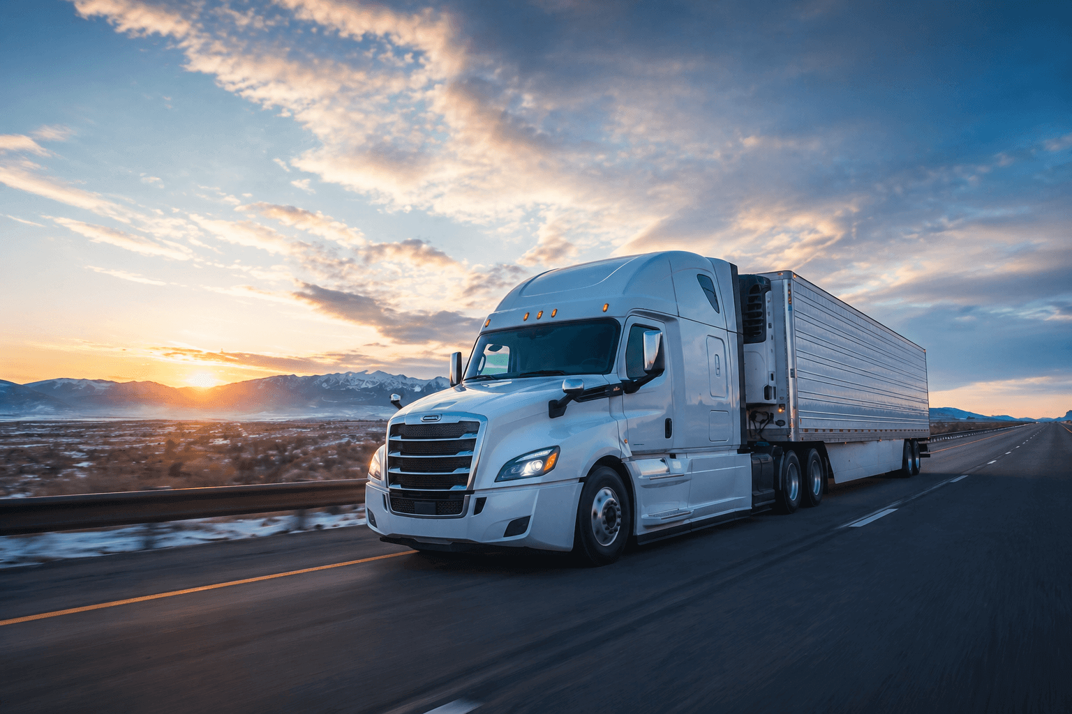 White refrigerated semi truck driving on an open highway at sunrise with mountains in the background.