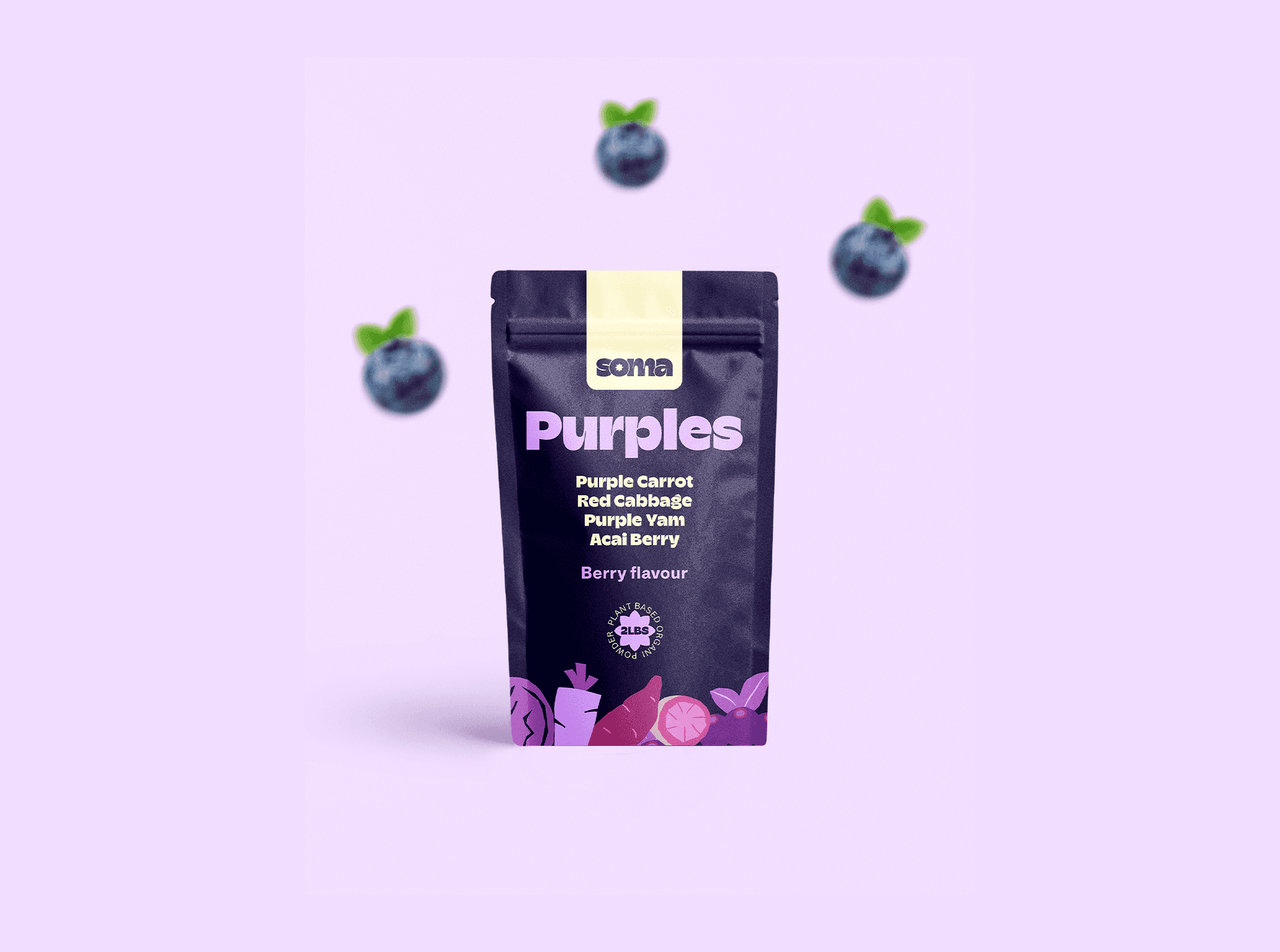 A clean studio mockup for the SOMA "Purples" supplement. The dark purple pouch is positioned on a light lavender background. Three blueberries with green leaves float around the packaging, mirroring the berry flavor and ingredients like acai and purple yam.