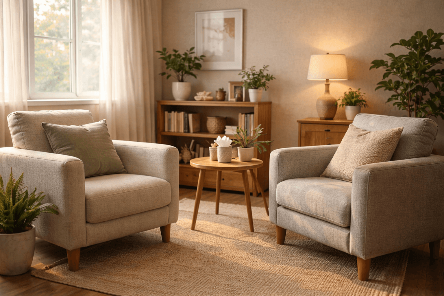 A warm therapy office with two chairs facing each other