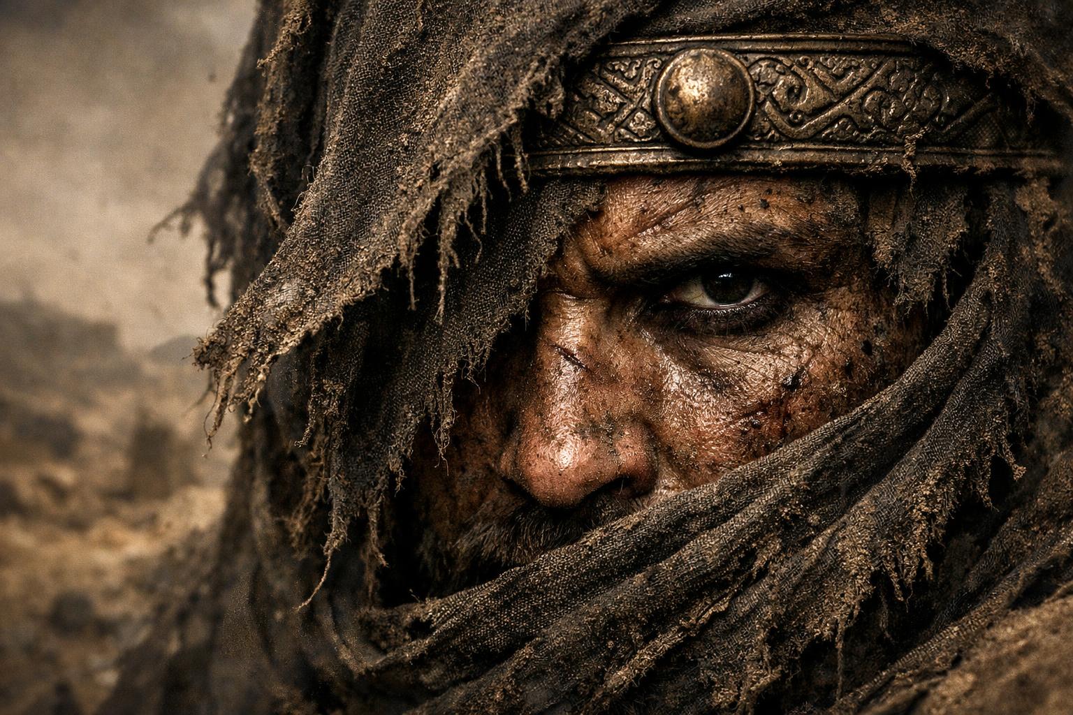 A sharp black eye with a piercing gaze emerges from behind a tattered and worn dark