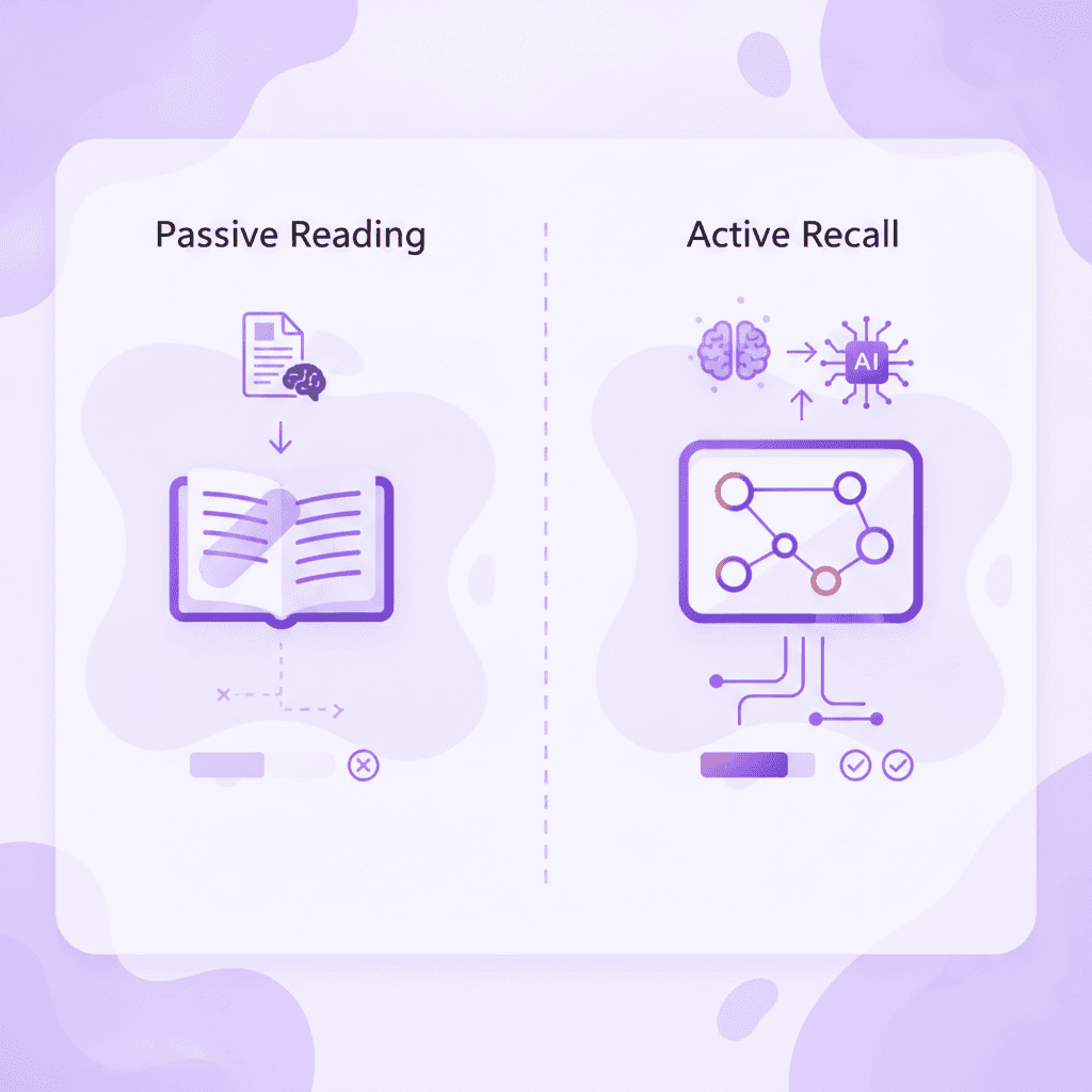 A side-by-side comparison chart showing passive reading (highlighting a textbook) versus active recall (writing concepts on a blank whiteboard)