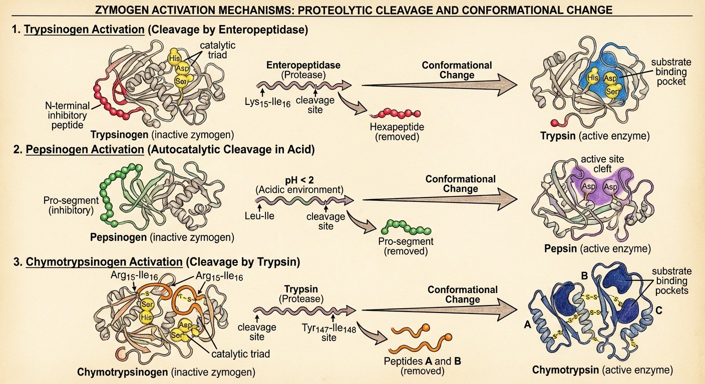 Zymogen activation mechanisms showing proteolytic cleavage and conformational changes