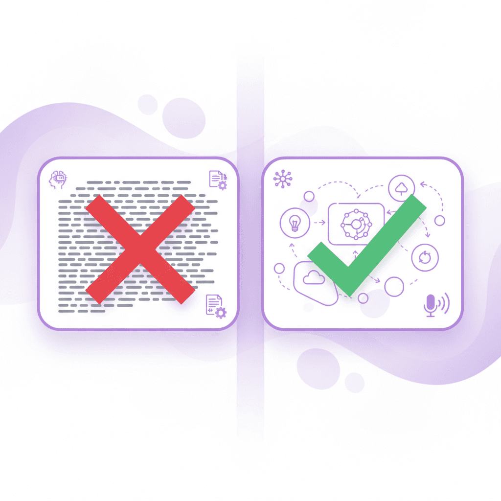 Comparison of text-based AI versus Penseum's visual and voice interactive canvas