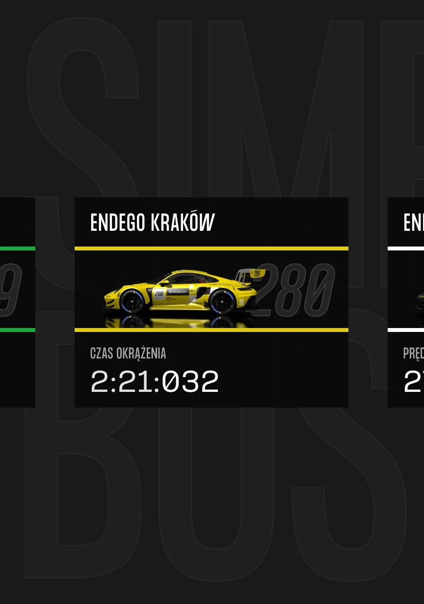 Racing leaderboard showing a yellow sports car for ‘Endego Kraków’ with lap time of 2:21:032 on a black background.