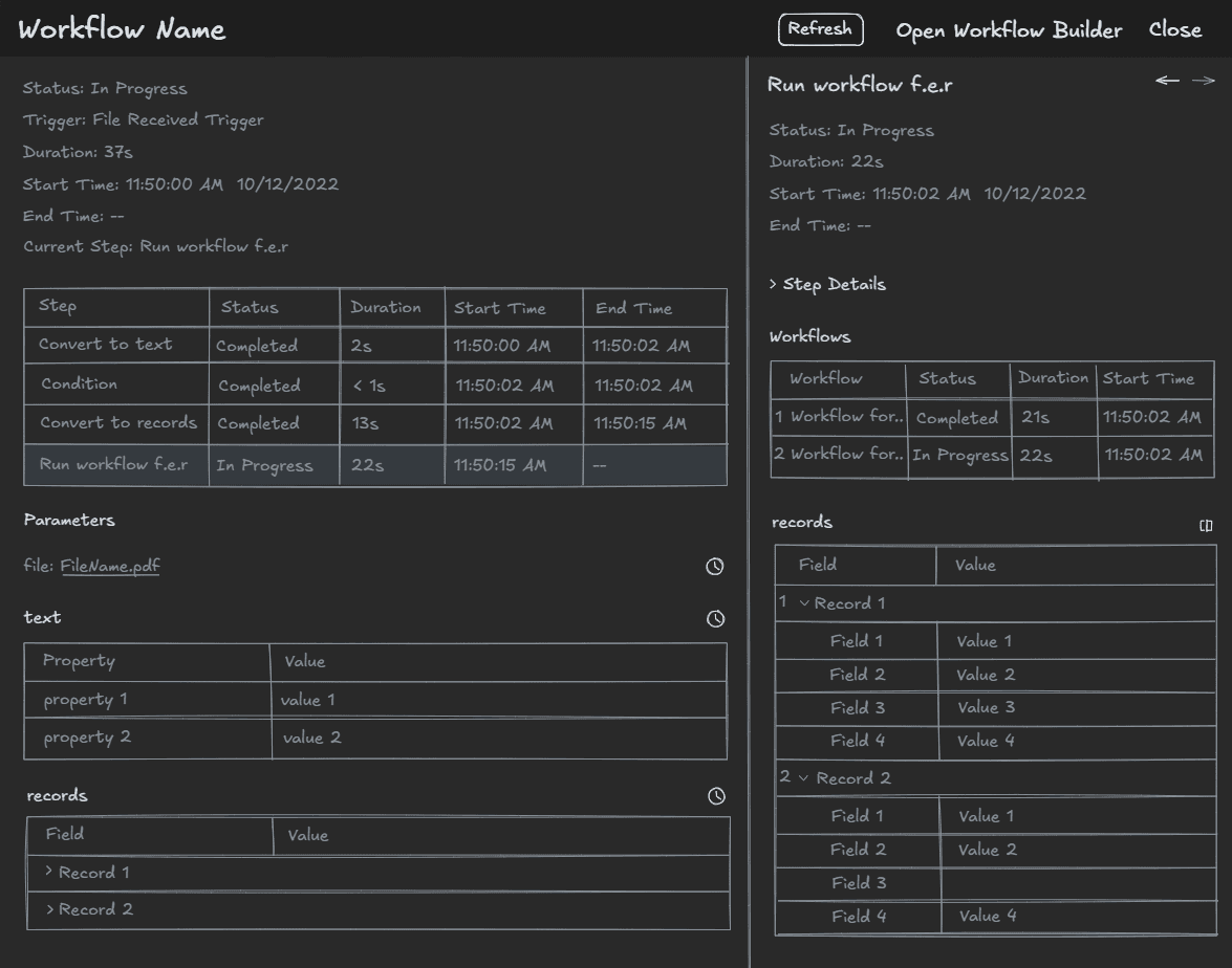 Low fidelity workflow log wireframe showing completed step with input and output details