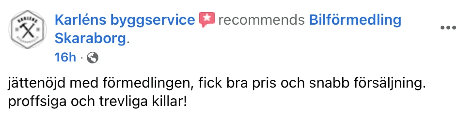 Omdömme från facebook på nöjd kund för bilförmedling