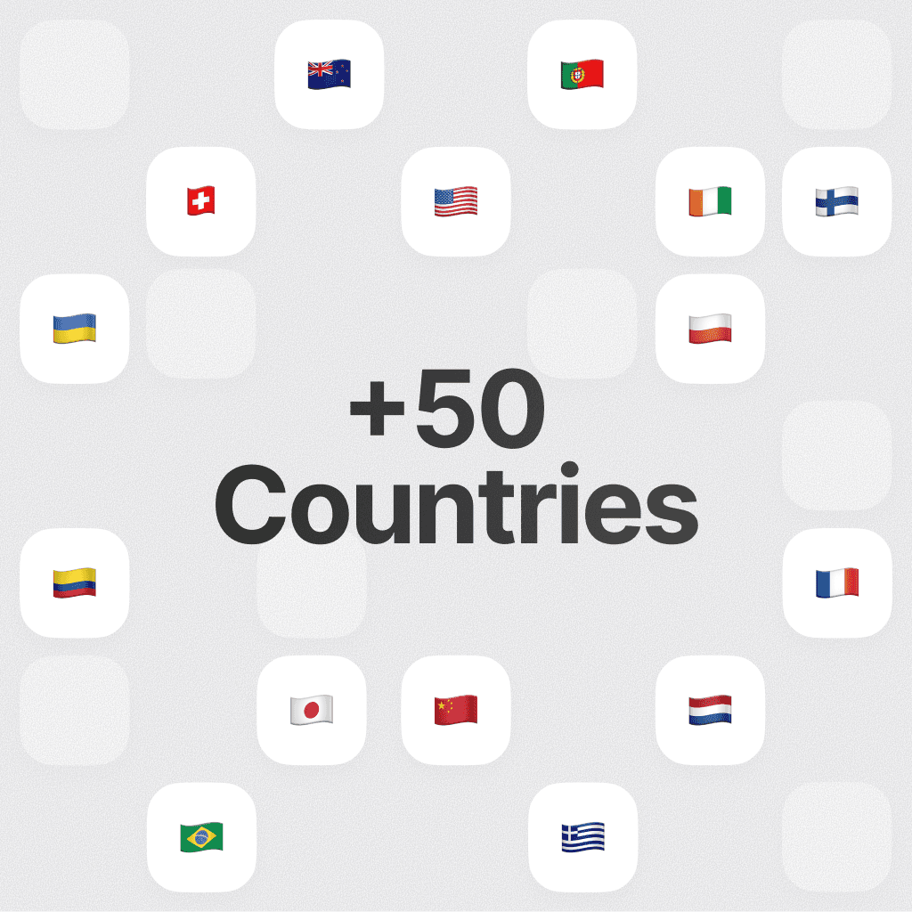 Over 50 countries represented with various national flags displayed.