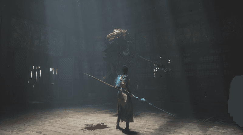 Screenshot WUCHANG Fallen Feathers PC – affrontement contre un boss géant dans une salle obscure sur KeyVerse Gaming