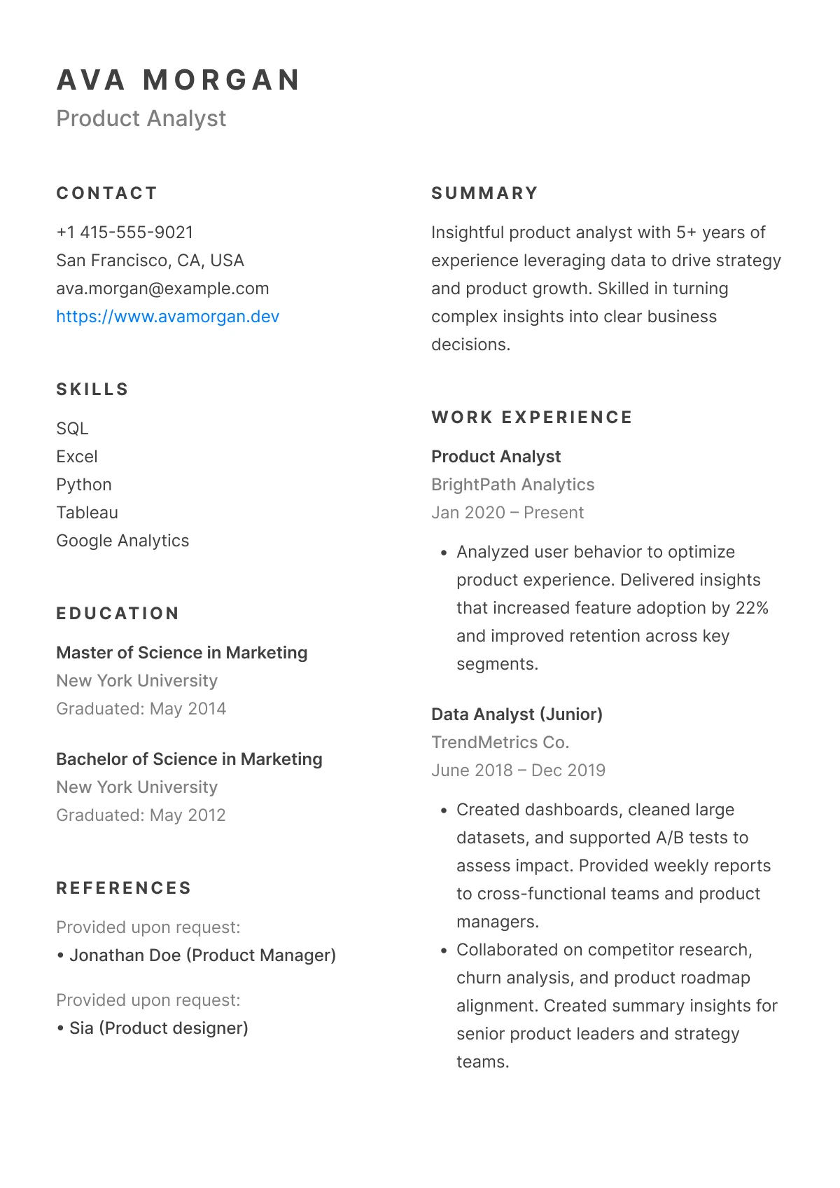 esume preview of [Template Name] layout, includes summary, experience, education, and skills sections