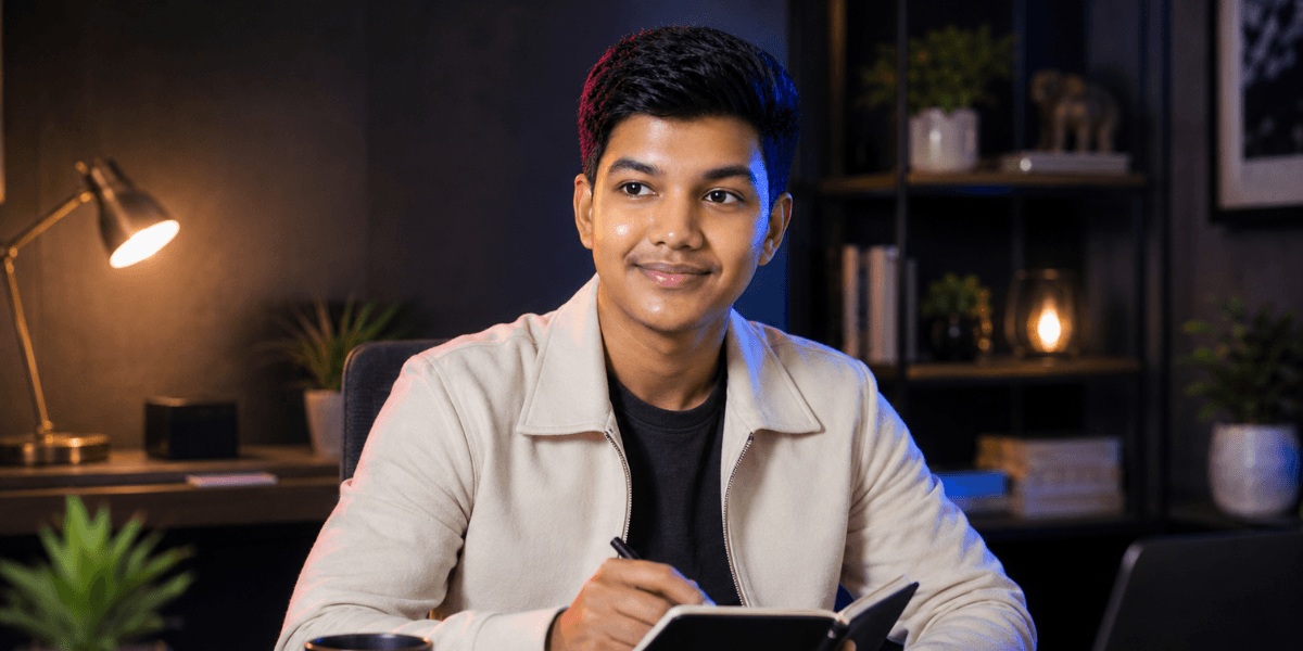 Jiten Sutar working at desk, writing in notebook in a modern office setting.