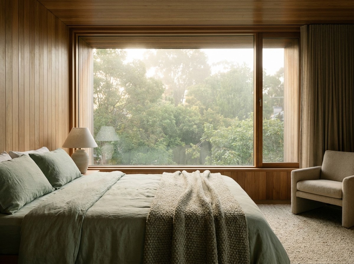 A peaceful bedroom with sage green linens, warm wood paneling, and a large window framing a hazy morning view of lush urban treetops.