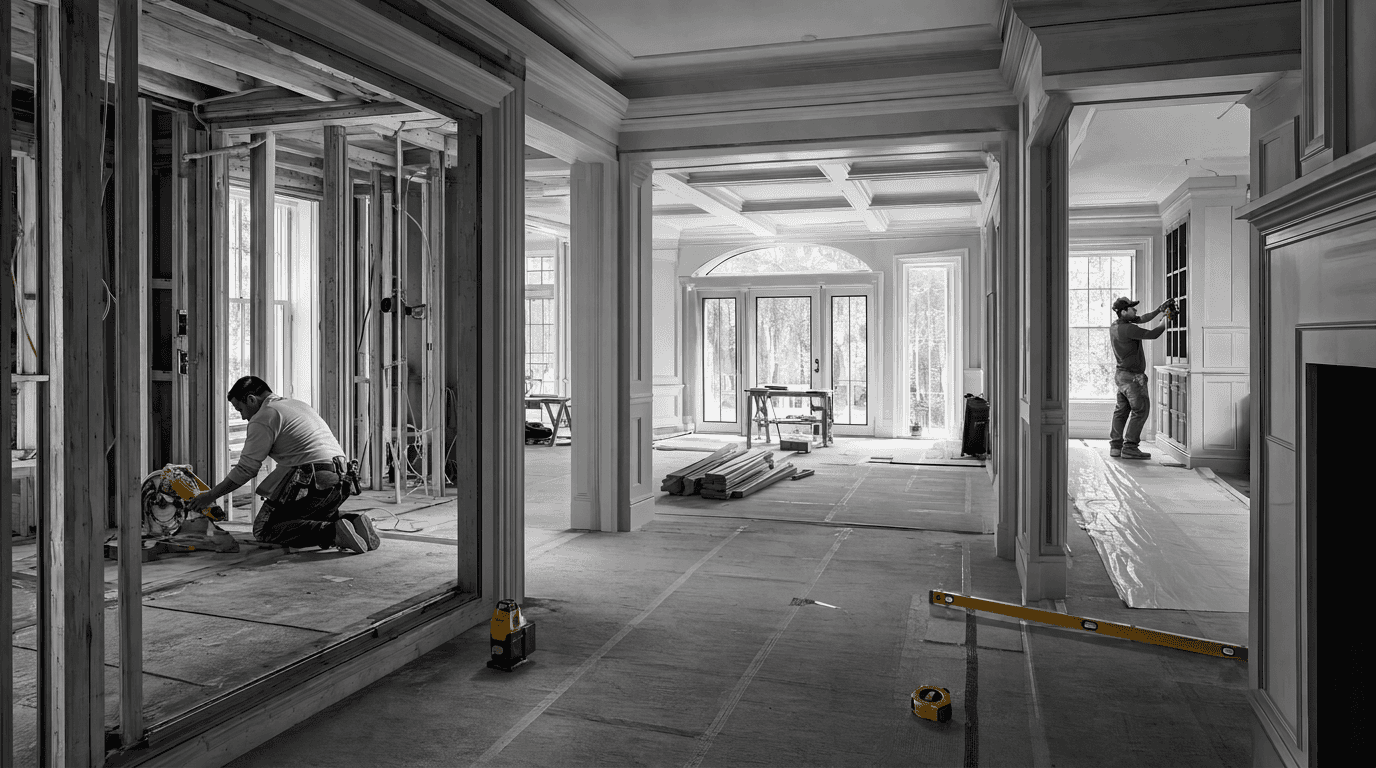 Two workers coordinate connected renovation phases between exposed framing and finished interior areas.