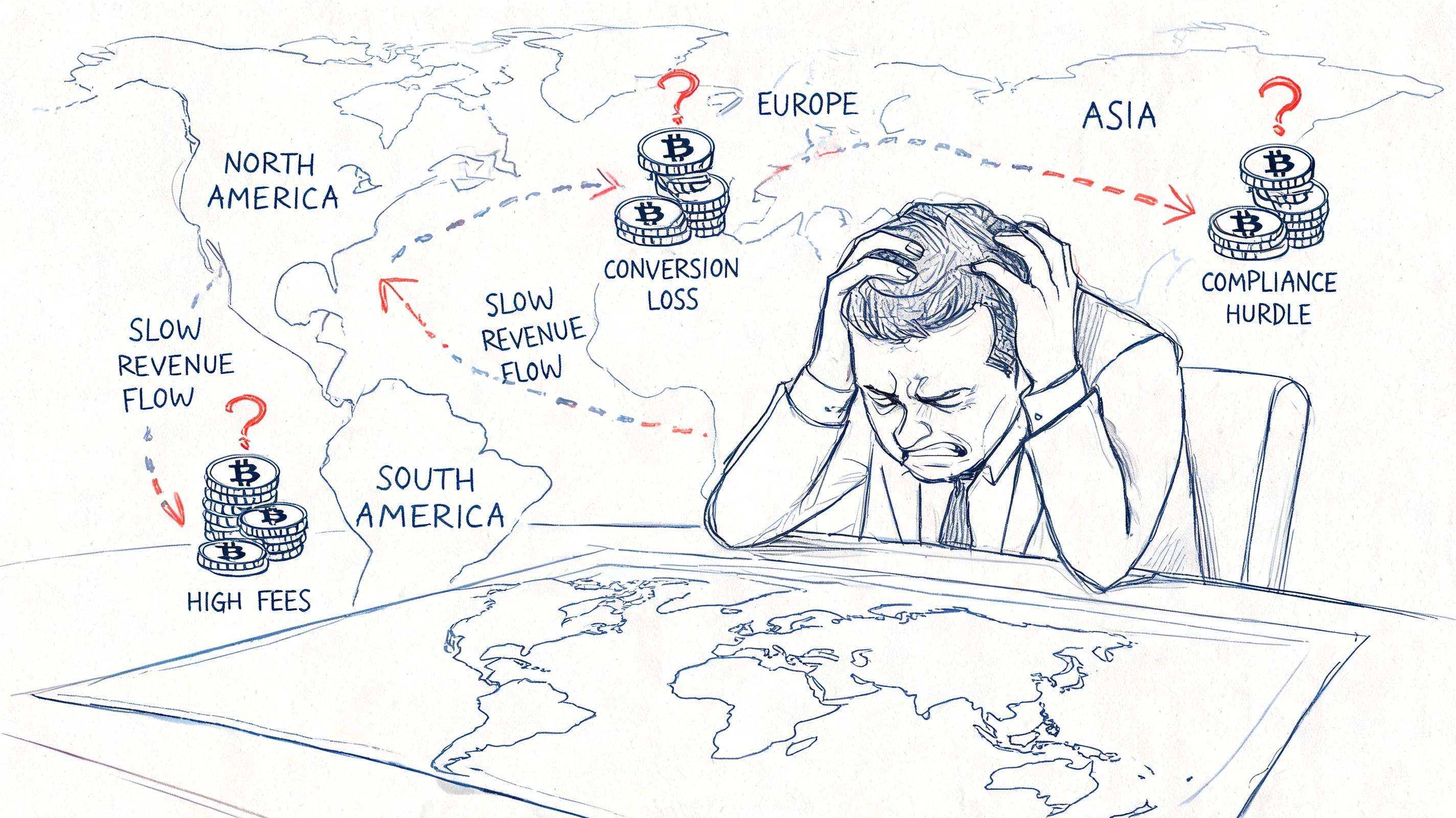 A distressed businessman looking at a world map illustrating global payment challenges like high fees and hurdles.