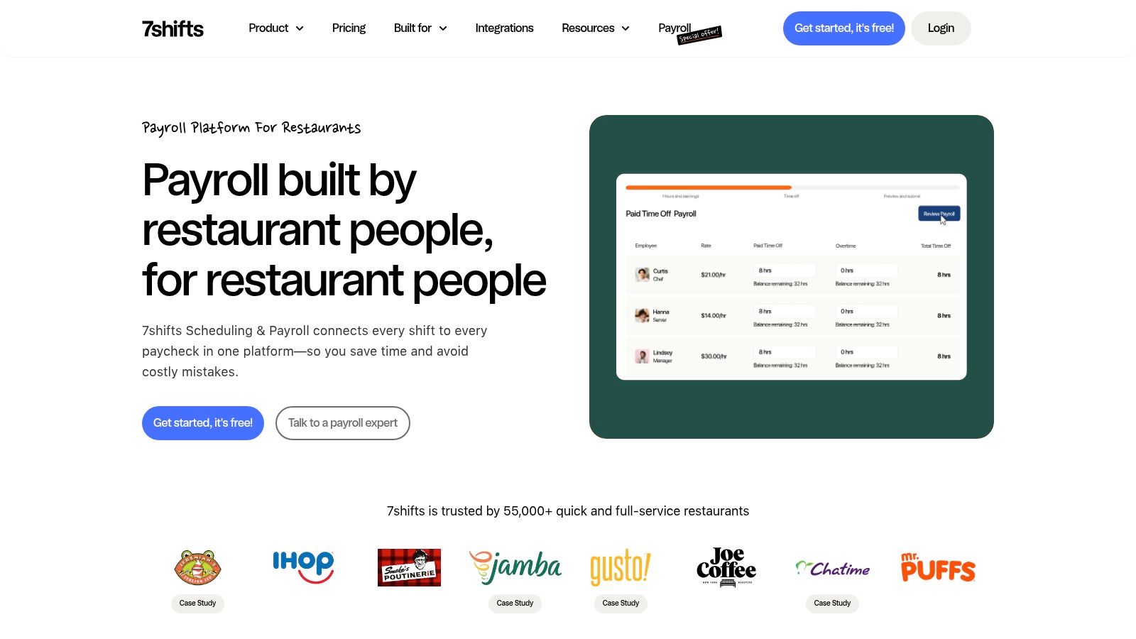 A screenshot of the 7shifts dashboard showing restaurant sales and labor data.
