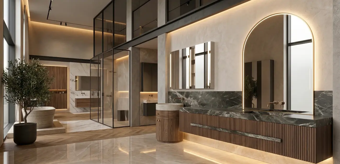 Έπιπλο μπάνιου με marble επιφάνεια, ξύλινη βάση και καθρέφτη με κρυφό φωτισμό σε luxury σχεδιασμό