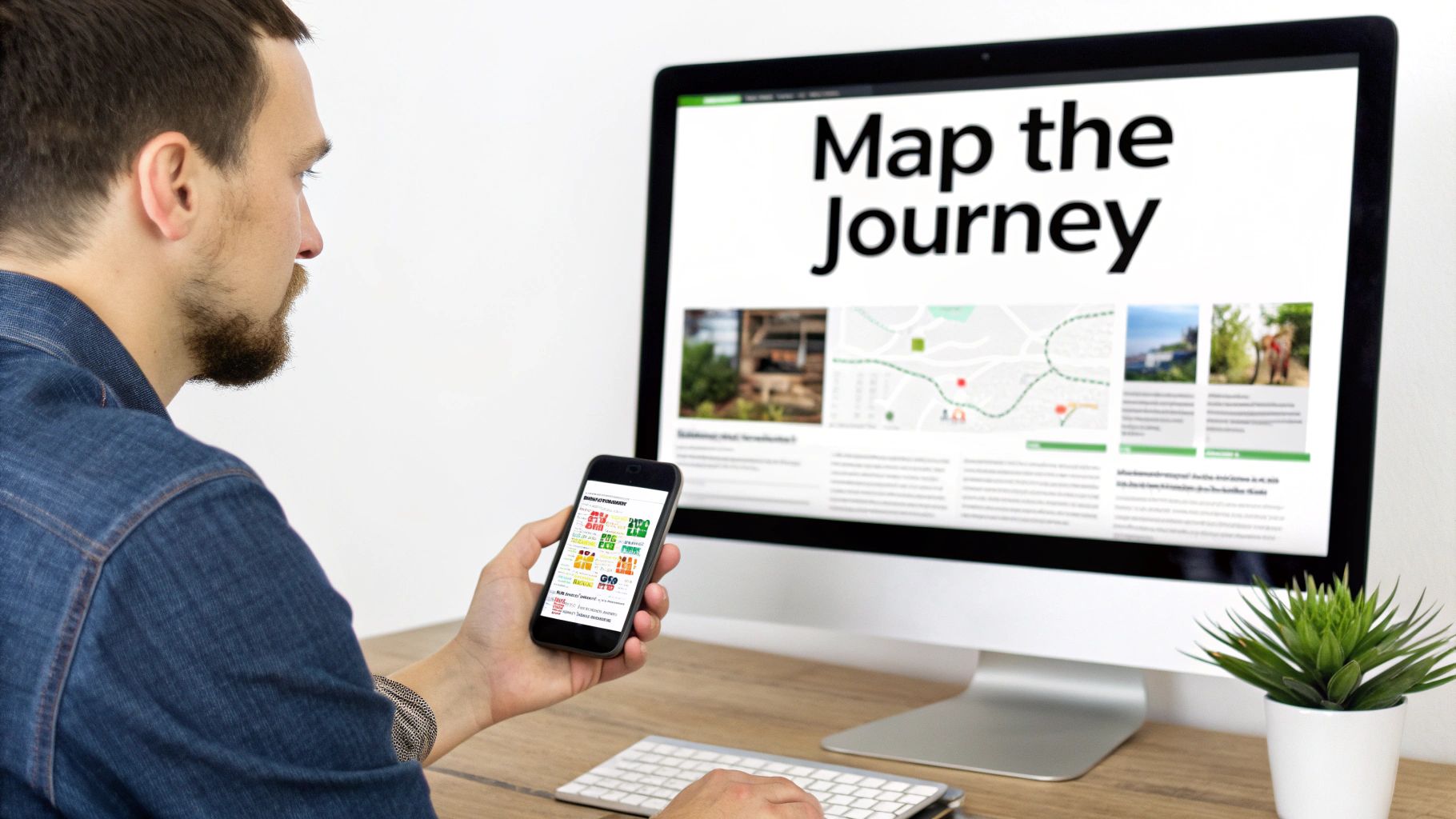 A man in a denim shirt views a 'Map the Journey' webpage on a monitor while holding a smartphone.