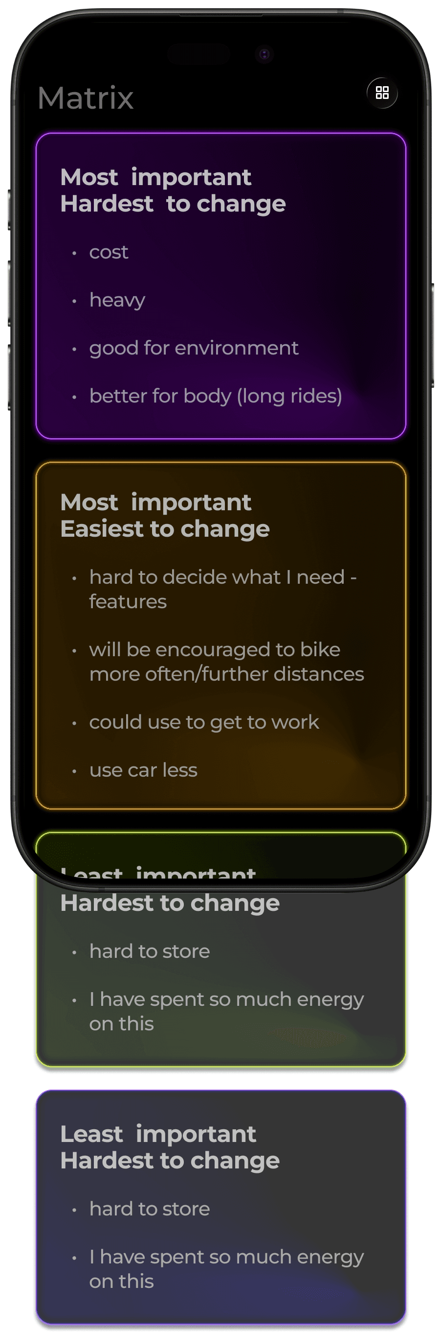 Sort screen with matrix stacked vertically and enlarged to fill screen width
