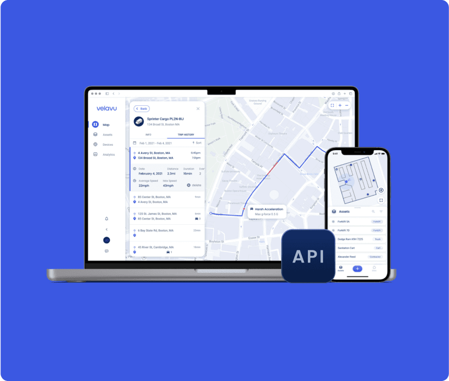 App and website dashboard for a GPS tracking device, featuring a user-friendly interface with real-time location data, and an API option for integration into other companies' dashboards.